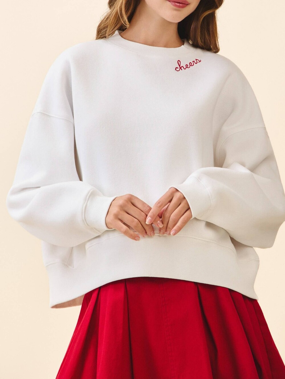 TCEC White Crewneck Sweatshirt with Red 'cheers' Embroidery